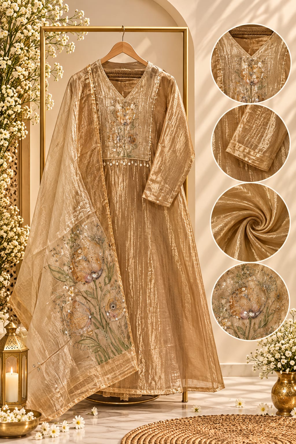 Digital Floral Printed Boxed Yoke With Tiny Foil Tassels Tissue Full Suit Set With Dupatta- 16298