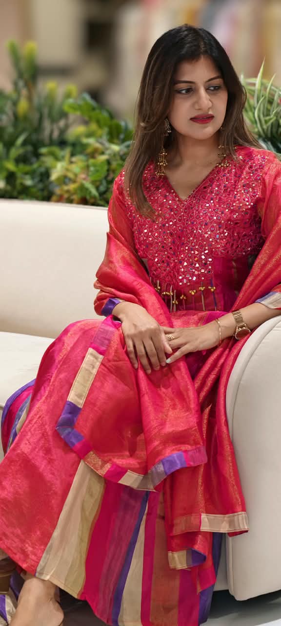 Orange Tissue Mirror Work Panel Anarkali Full Suit Set with Ghungroo Tassel Yoke Detailing & Striped Side Panels- 16231