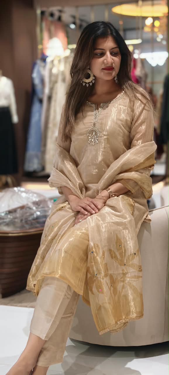 Kundan Look Embroidery Neckline Minimal Ombre Tone Tissue Full Suit Set With Dupatta- 16310