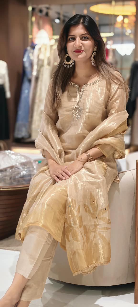 Kundan Look Embroidery Neckline Minimal Ombre Tone Tissue Full Suit Set With Dupatta- 16310