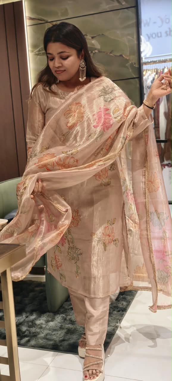 Multicolor Floral Prints With Delicate Outlined Embroidery Kanchipuram Tissue Full Suit Set With Dupatta- 16299