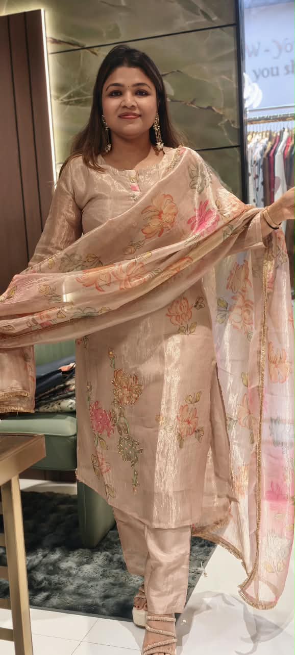 Multicolor Floral Prints With Delicate Outlined Embroidery Kanchipuram Tissue Full Suit Set With Dupatta- 16299
