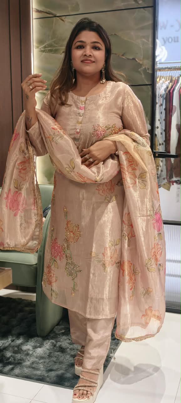 Multicolor Floral Prints With Delicate Outlined Embroidery Kanchipuram Tissue Full Suit Set With Dupatta- 16299