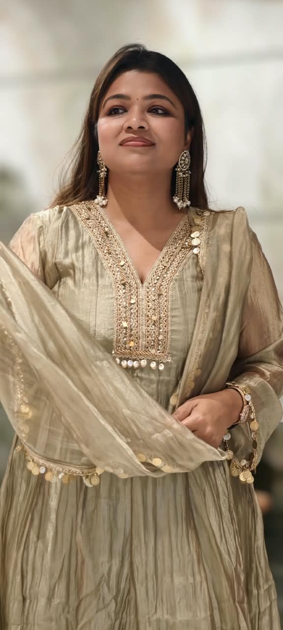 Premium Beaded Embroidery Neckline With Foil Coin Tassels Crush Tissue Panel Anarkali Full Suit Set With Dupatta- 16304