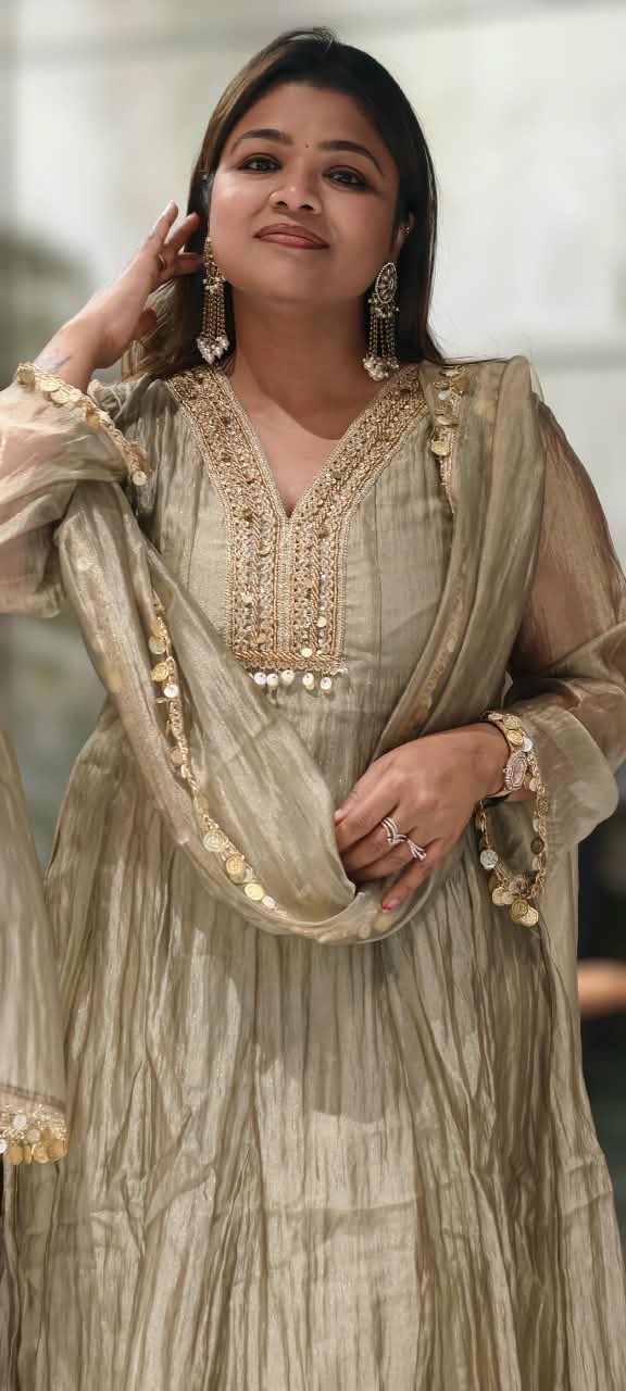 Premium Beaded Embroidery Neckline With Foil Coin Tassels Crush Tissue Panel Anarkali Full Suit Set With Dupatta- 16304