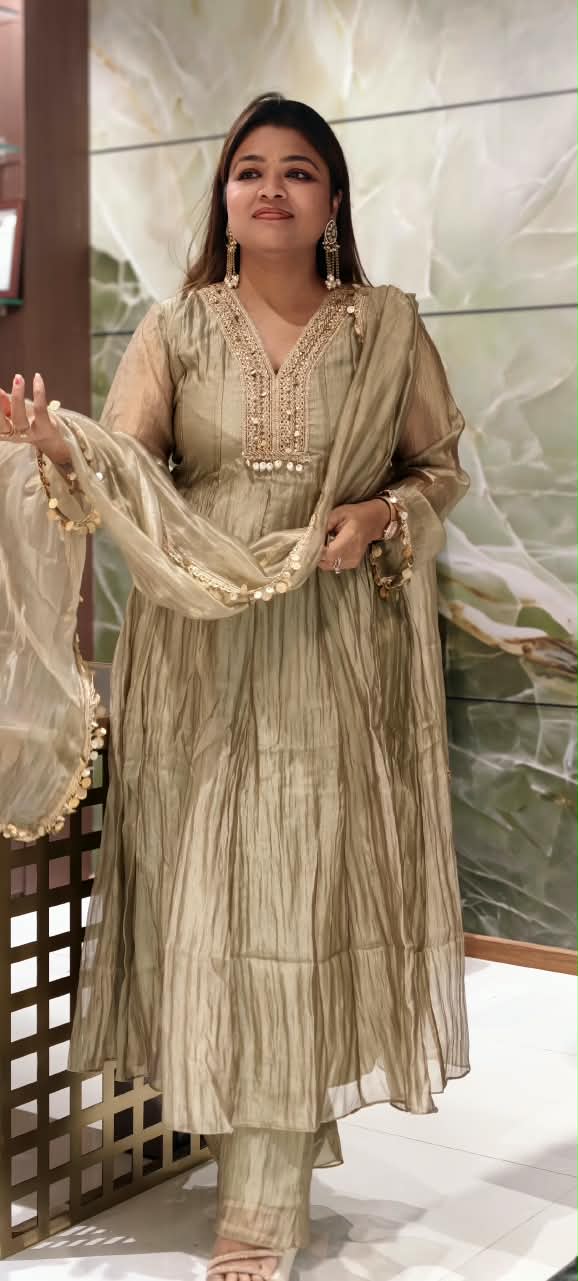 Premium Beaded Embroidery Neckline With Foil Coin Tassels Crush Tissue Panel Anarkali Full Suit Set With Dupatta- 16304
