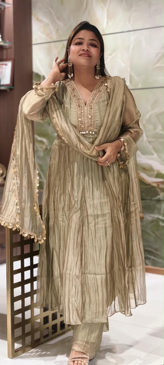 Premium Beaded Embroidery Neckline With Foil Coin Tassels Crush Tissue Panel Anarkali Full Suit Set With Dupatta- 16304
