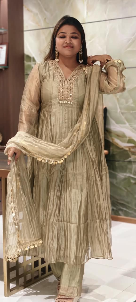 Premium Beaded Embroidery Neckline With Foil Coin Tassels Crush Tissue Panel Anarkali Full Suit Set With Dupatta- 16304