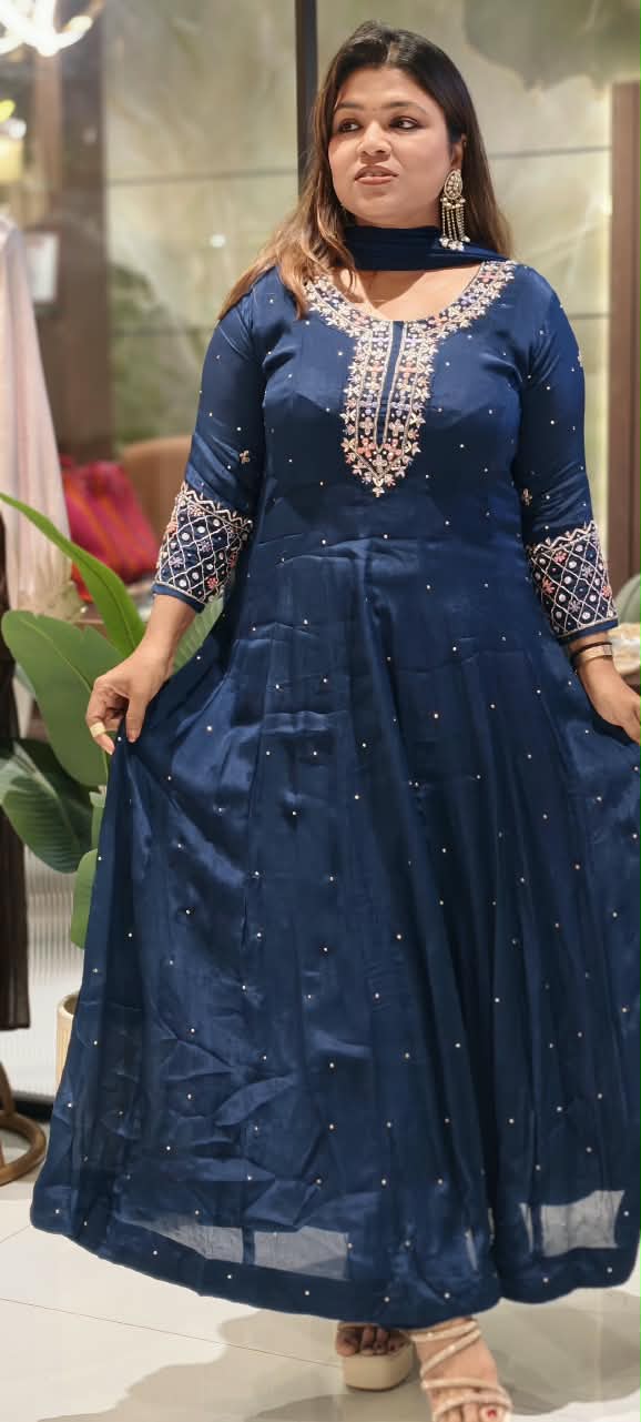 Royal Vibrant Shade Intricate Embroidered Neckline Scattered Stone Chinon Panel Anarkali Full Suit Set With Dupatta- 16328