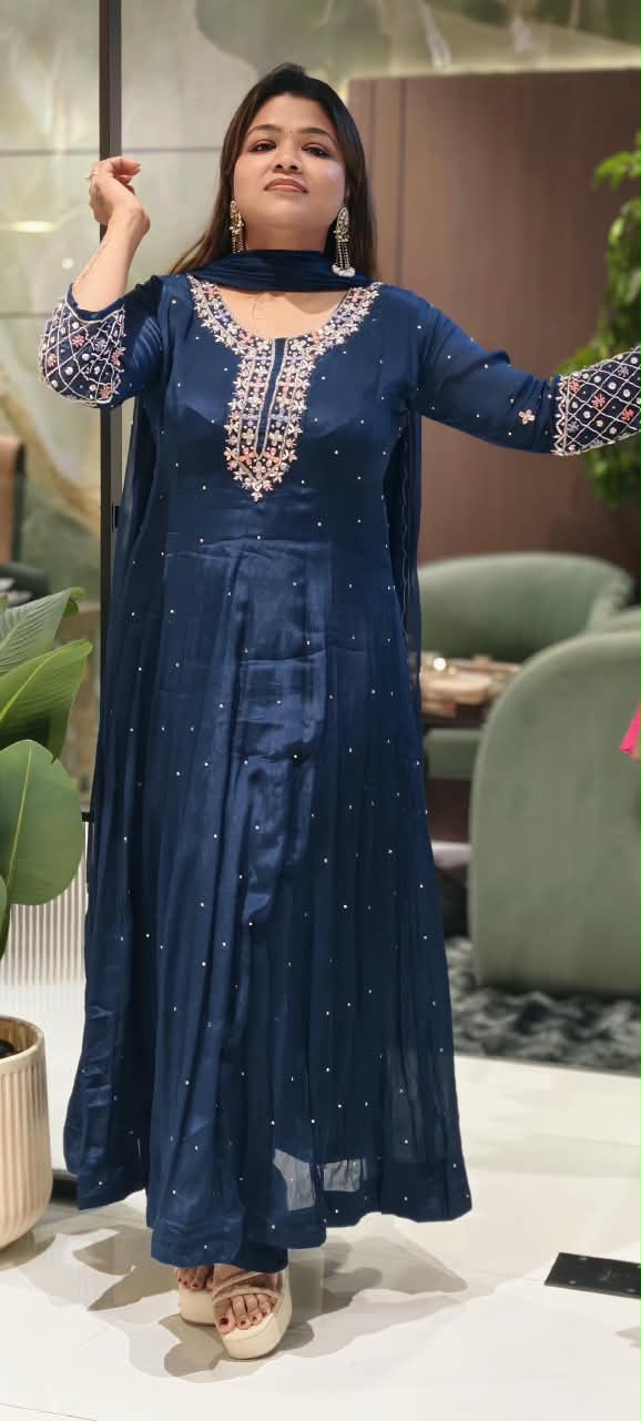 Royal Vibrant Shade Intricate Embroidered Neckline Scattered Stone Chinon Panel Anarkali Full Suit Set With Dupatta- 16328