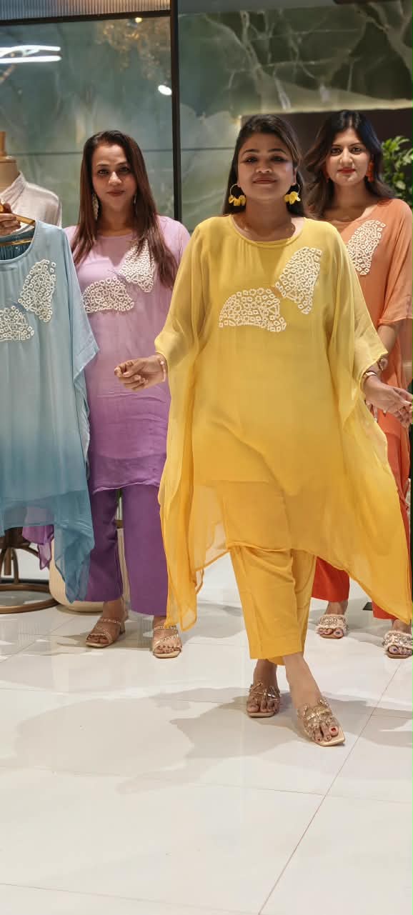Cut-Dana Butterfly Elegant Embroidery Front Work Beautiful Shades Chinon Kaftan With Matching Inner & Bottom- 16333