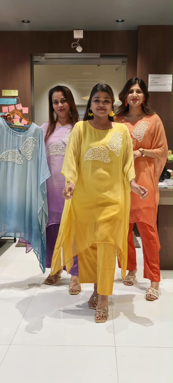 Cut-Dana Butterfly Elegant Embroidery Front Work Beautiful Shades Chinon Kaftan With Matching Inner & Bottom- 16333