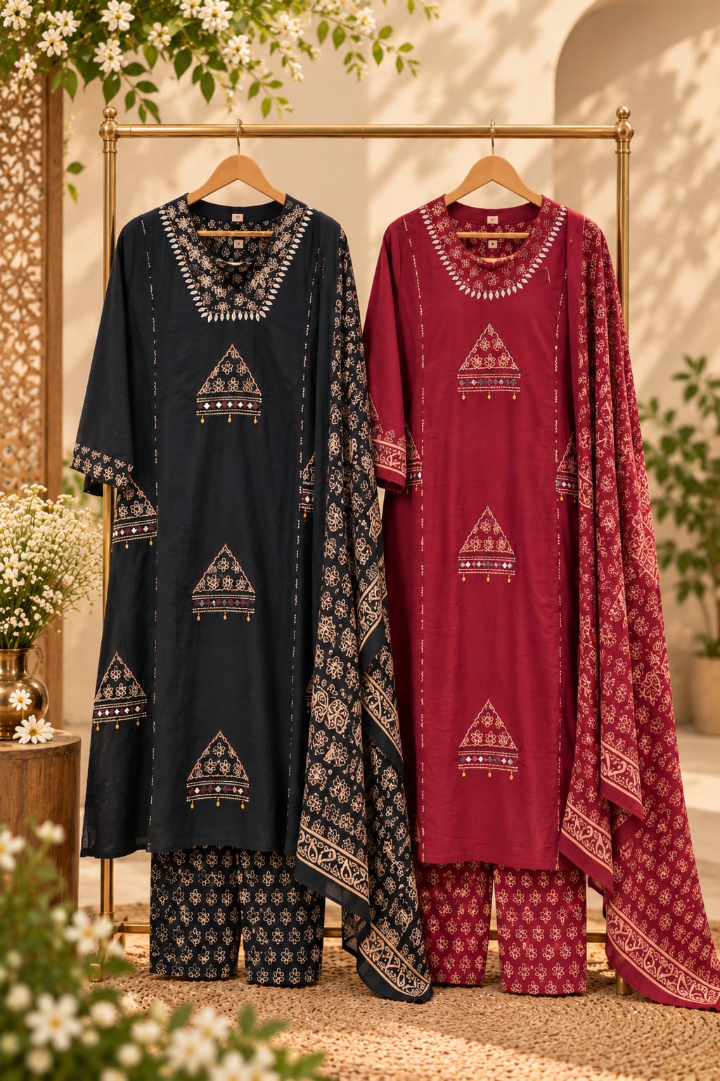 Geometric Patch Yoke Mirror Work  Side Panels Cotton Full Suit Set with Block Printed Dupatta- 16318