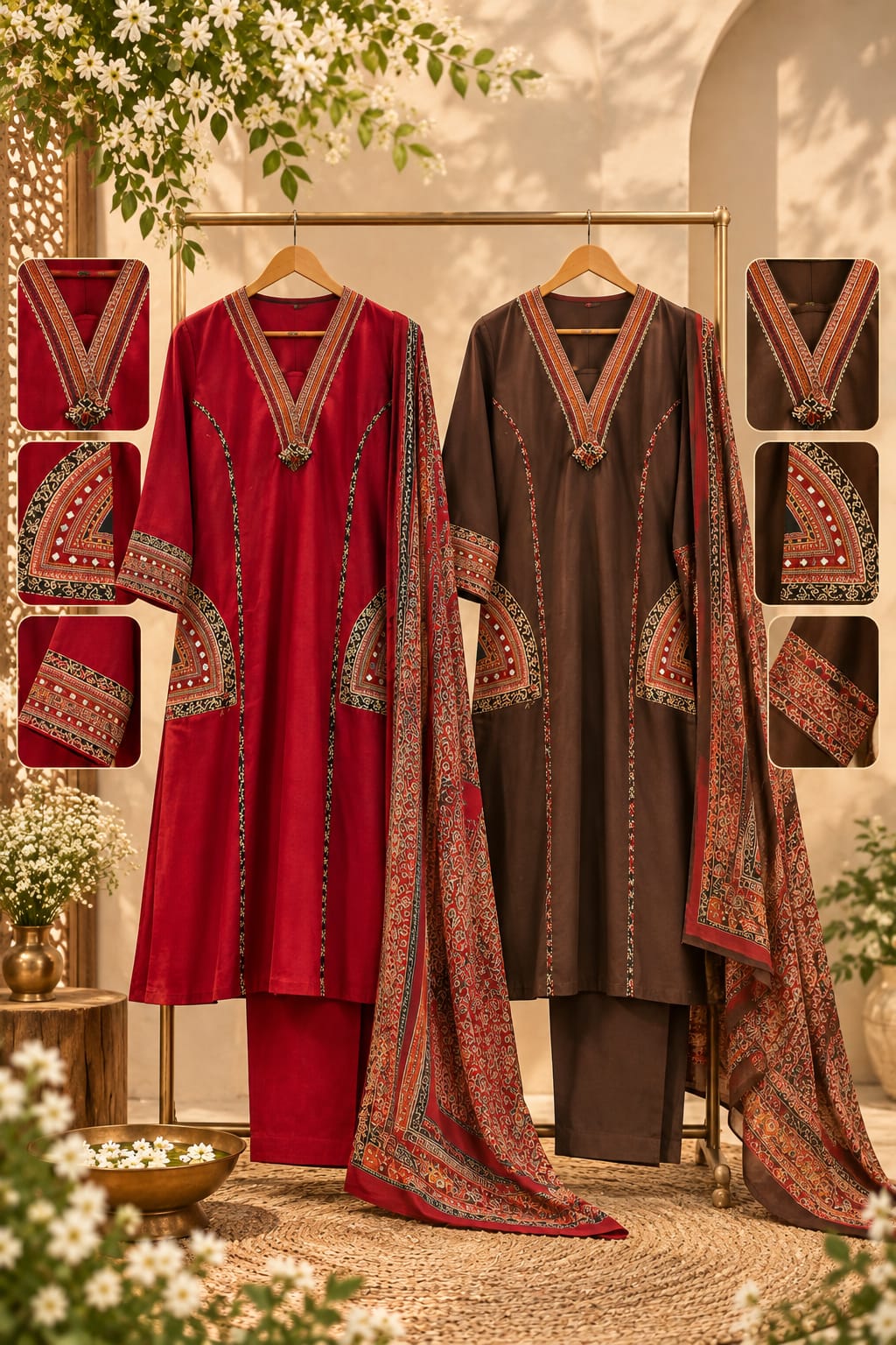 V-Neck Ethnic Ajrakh Applique Printed Straight Cotton Full Suit Set with Dupatta- 16316