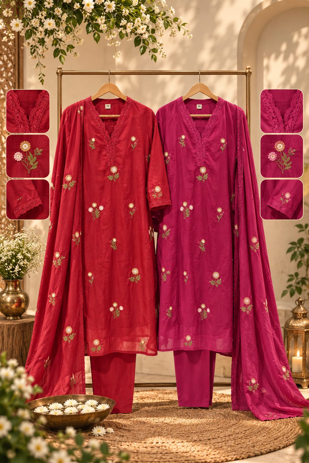 Lace Trimmed Neckline Tiny Floral Embroidery Silly Cotton Full Suit Set With Dupatta- 16317