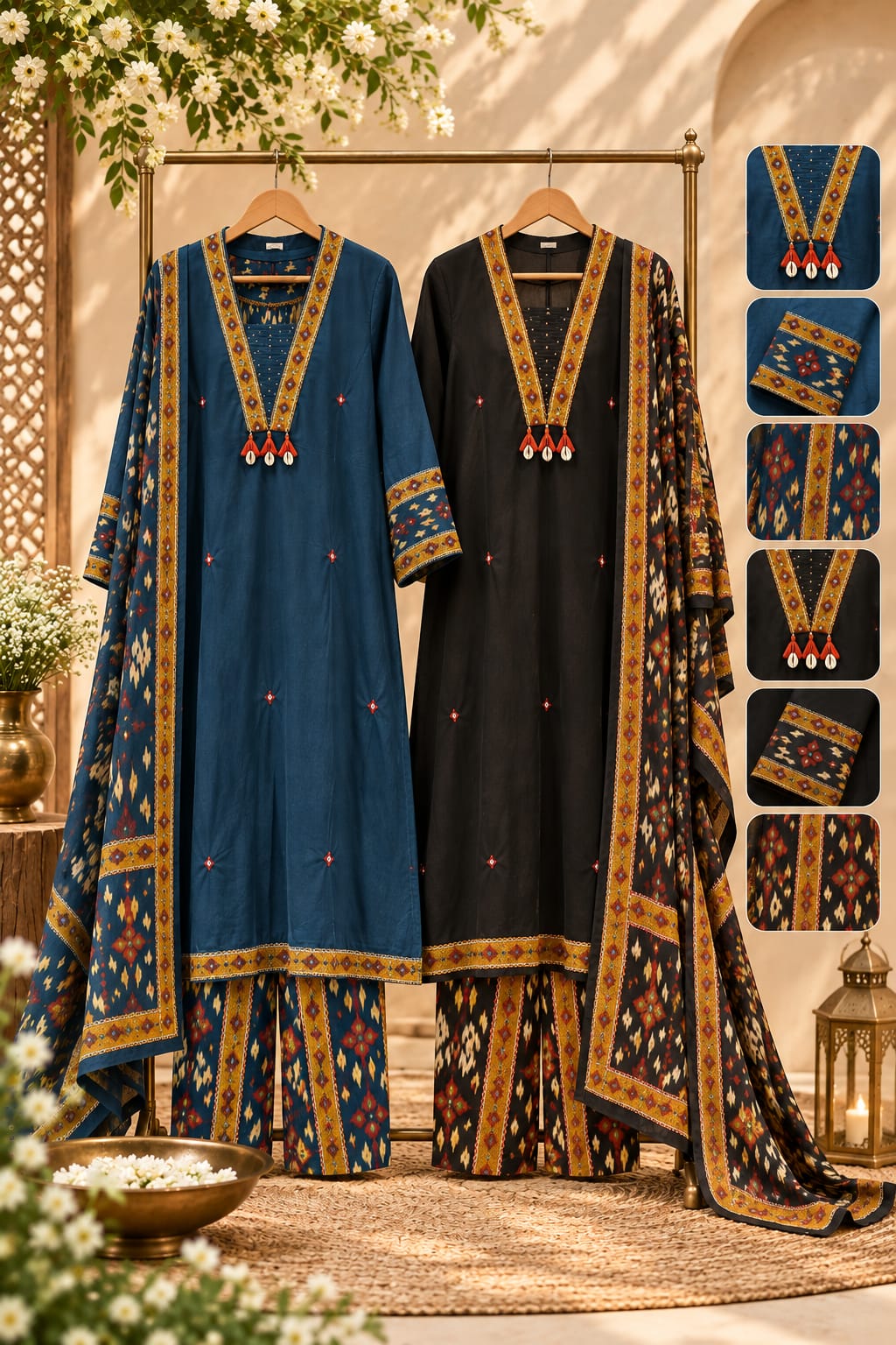 Classic Printed V-Neck Tassel Accent A-Line Cotoon Full Suit Set With Dupatta & Printed Bottom- 16250 6250