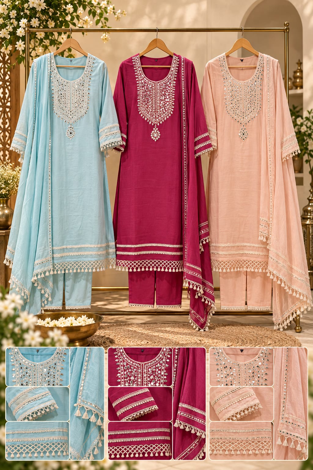 Handcrafted Mirror Work Yoke Full Suit Set with Sheer Scalloped Fringe Borders & Dupatta In Mul-Cotton Fabric- 16315 (Lean Fit)