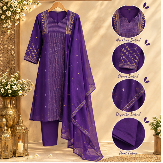 Banarasi Mul Chanderi Golden Striped Zardosi Embroidered A-Line Full Suit Set With Matching Dupatta- 15803 Dispatching After 15 Days