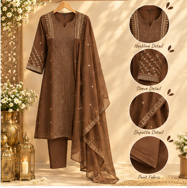 Banarasi Mul Chanderi Golden Striped Zardosi Embroidered A-Line Full Suit Set With Matching Dupatta- 15803 Dispatching After 15 Days