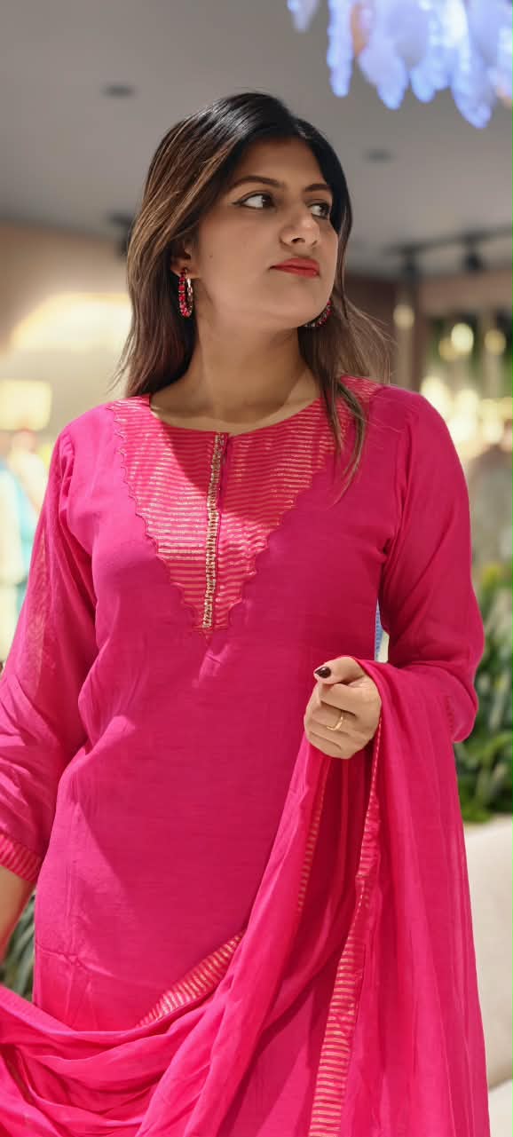 Rani Elegance Minimal Golden Stripes Sequin Neckline Banarasi Mul-Chanderi Straight Full Suit Set With Dupatta- 16349(Lean Fit)
