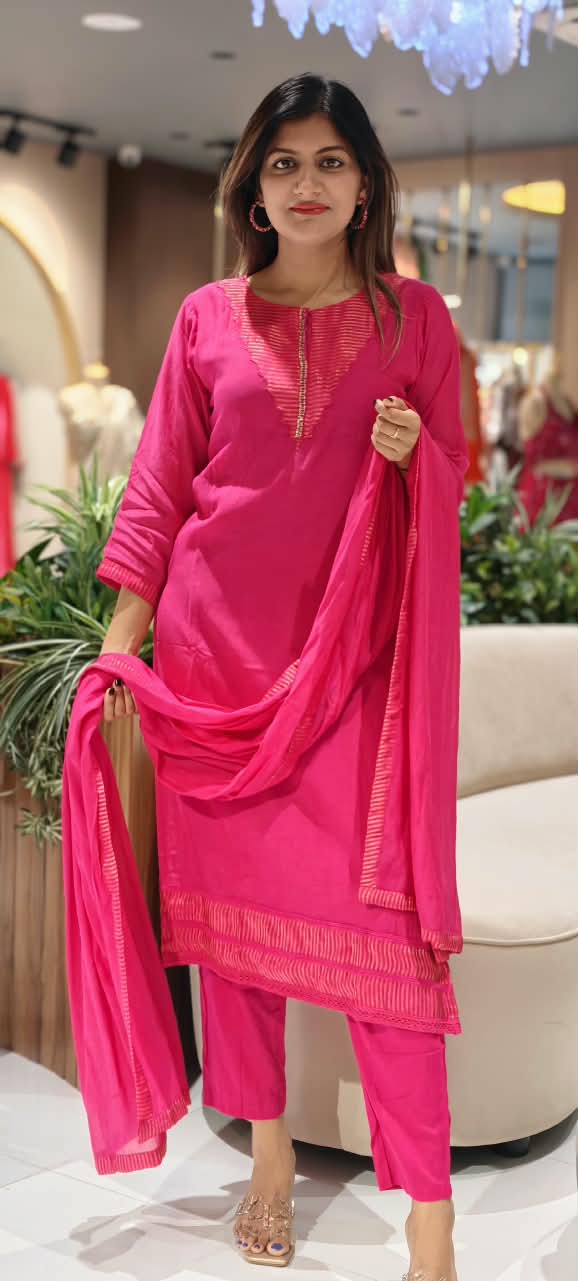 Rani Elegance Minimal Golden Stripes Sequin Neckline Banarasi Mul-Chanderi Straight Full Suit Set With Dupatta- 16349(Lean Fit)