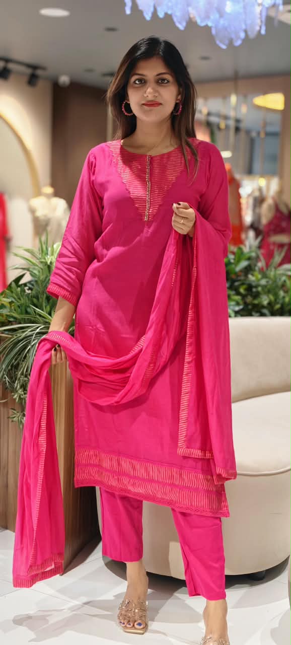 Rani Elegance Minimal Golden Stripes Sequin Neckline Banarasi Mul-Chanderi Straight Full Suit Set With Dupatta- 16349(Lean Fit)