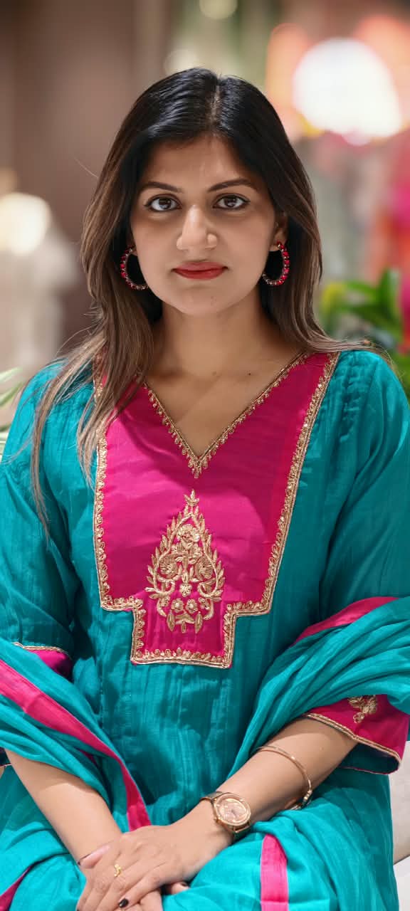 Vibrant Tone Contrasted Zardosi Work Anarkali Pure Banarsi Mul-Chanderi A-Line Full Suit Set With Dupatta- 16356