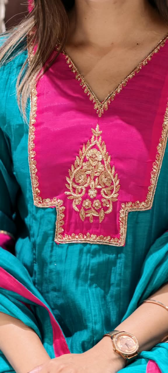 Vibrant Tone Contrasted Zardosi Work Anarkali Pure Banarsi Mul-Chanderi A-Line Full Suit Set With Dupatta- 16356