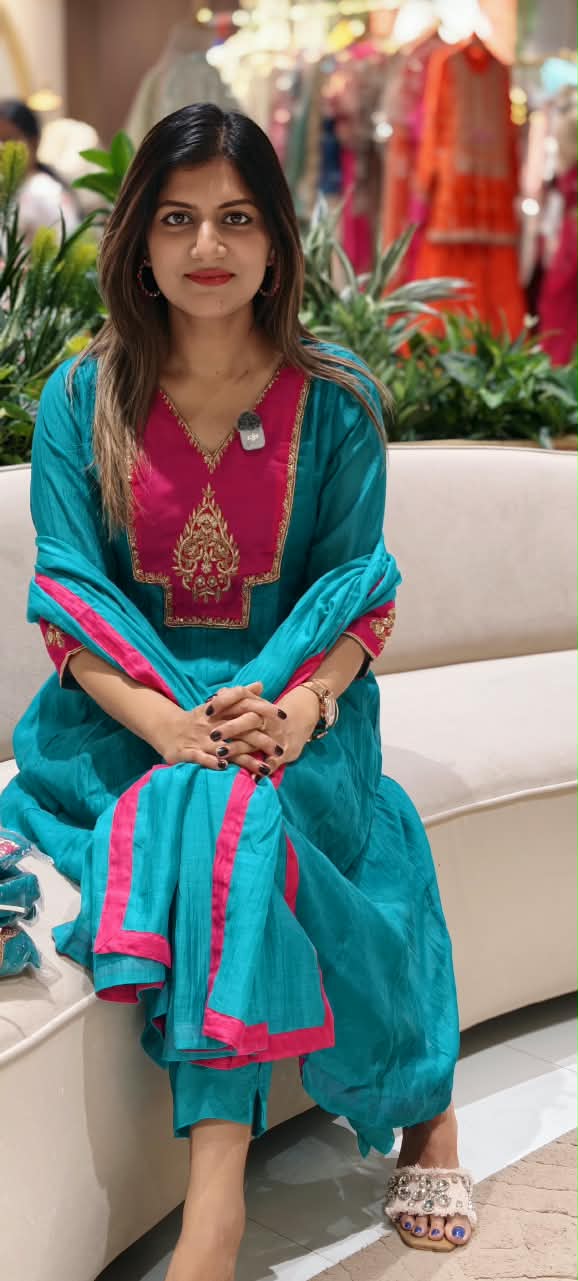 Vibrant Tone Contrasted Zardosi Work Anarkali Pure Banarsi Mul-Chanderi A-Line Full Suit Set With Dupatta- 16356