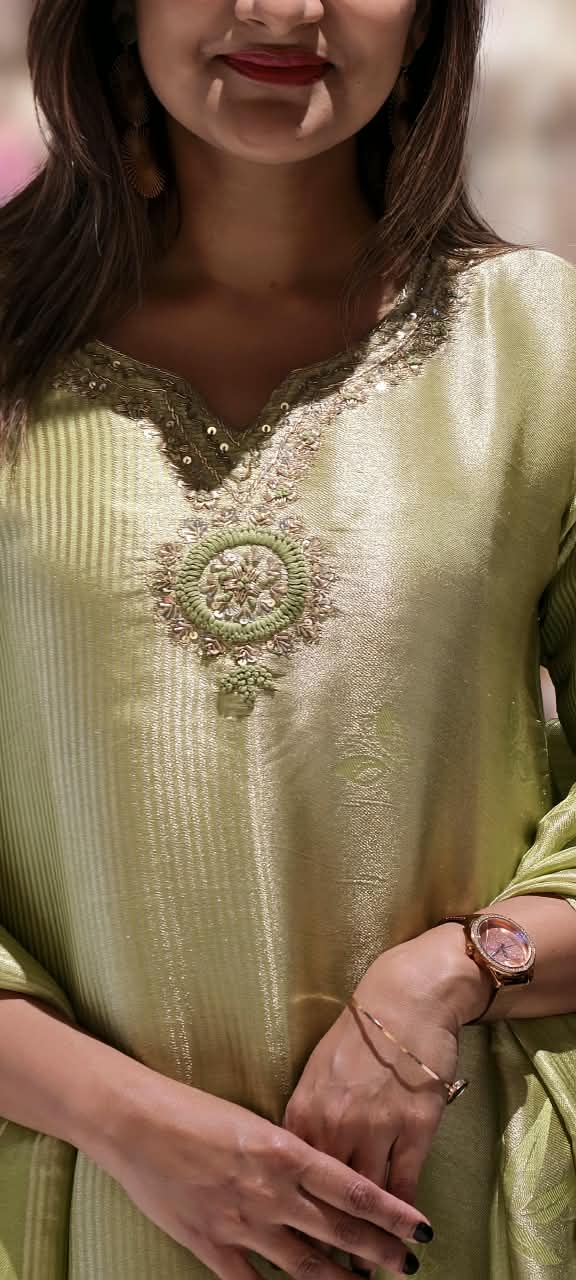 Graceful Green Minimal Neckline A-Line Kanchipuram Silk Straight Full Suit Set With Floral Embossed Dupatta- 16351
