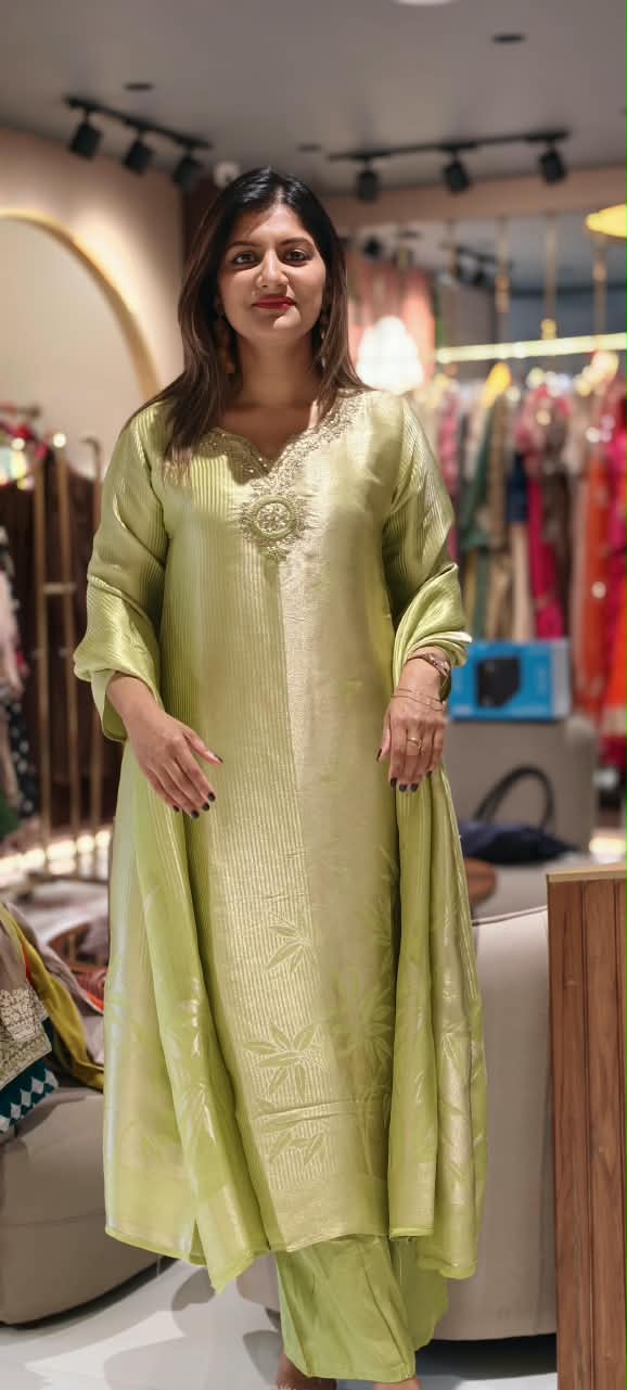Graceful Green Minimal Neckline A-Line Kanchipuram Silk Straight Full Suit Set With Floral Embossed Dupatta- 16351