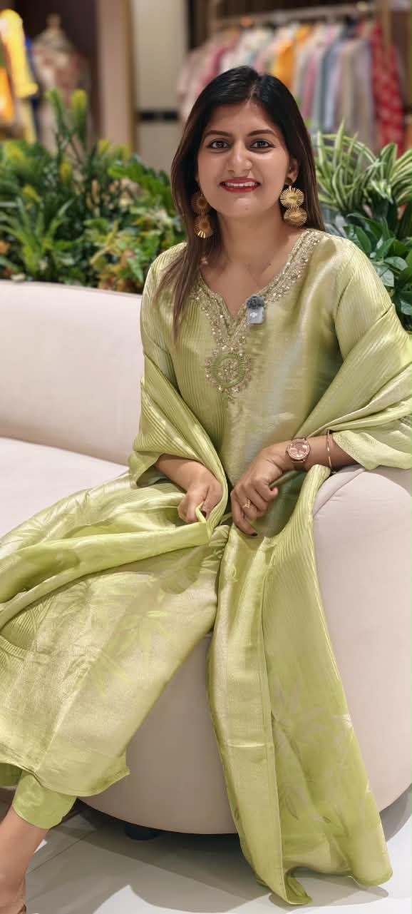 Graceful Green Minimal Neckline A-Line Kanchipuram Silk Straight Full Suit Set With Floral Embossed Dupatta- 16351