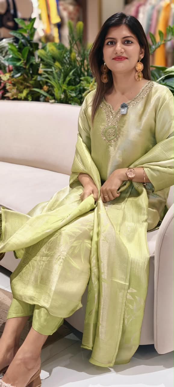 Graceful Green Minimal Neckline A-Line Kanchipuram Silk Straight Full Suit Set With Floral Embossed Dupatta- 16351