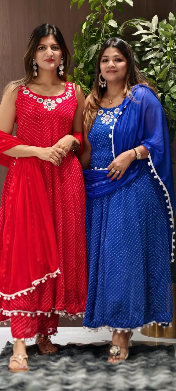 Real Mirror Rounded Neckline Leheriya Print Semi Georgette Panel Anarkali Full Suit Set With Pom-Pom Dupatta- 16377