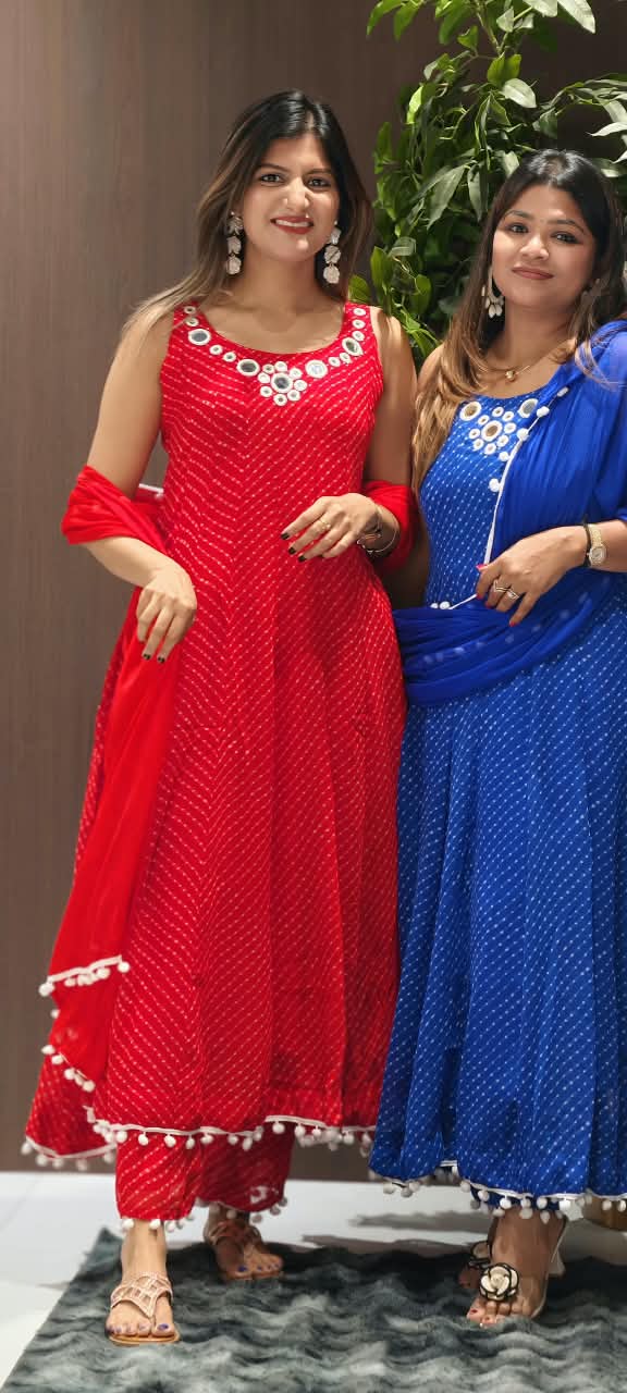 Real Mirror Rounded Neckline Leheriya Print Semi Georgette Panel Anarkali Full Suit Set With Pom-Pom Dupatta- 16377