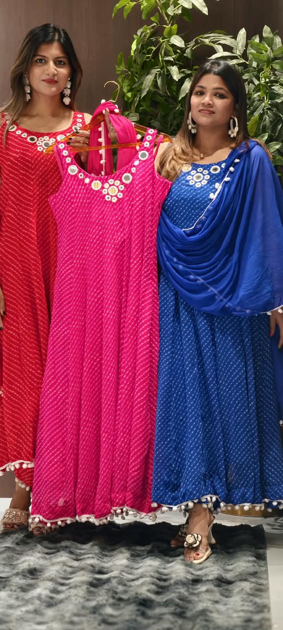 Real Mirror Rounded Neckline Leheriya Print Semi Georgette Panel Anarkali Full Suit Set With Pom-Pom Dupatta- 16377