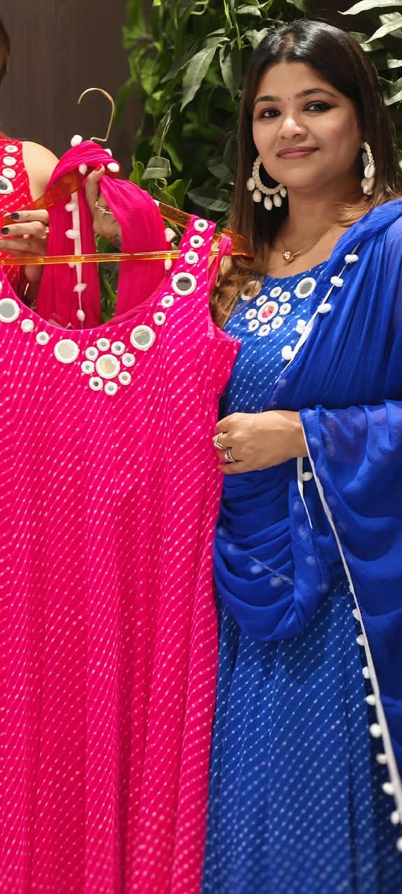 Real Mirror Rounded Neckline Leheriya Print Semi Georgette Panel Anarkali Full Suit Set With Pom-Pom Dupatta- 16377