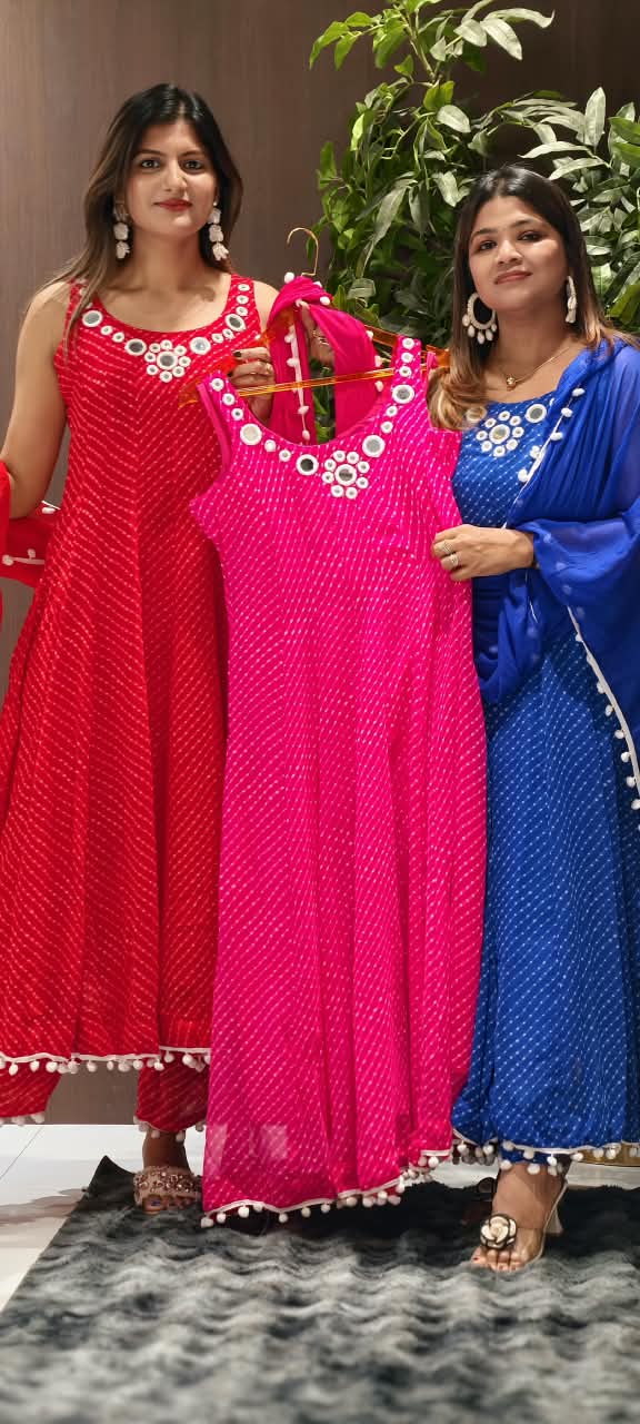 Real Mirror Rounded Neckline Leheriya Print Semi Georgette Panel Anarkali Full Suit Set With Pom-Pom Dupatta- 16377