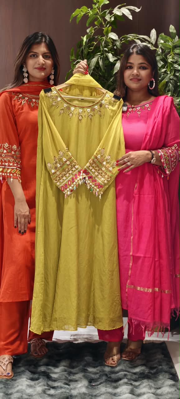 Cowrie Shell Beadwork Dangles Accent Neckline & Sleeves Banarasi Mul-Chanderi A-Line Full Suit Set With Dupatta- 16354