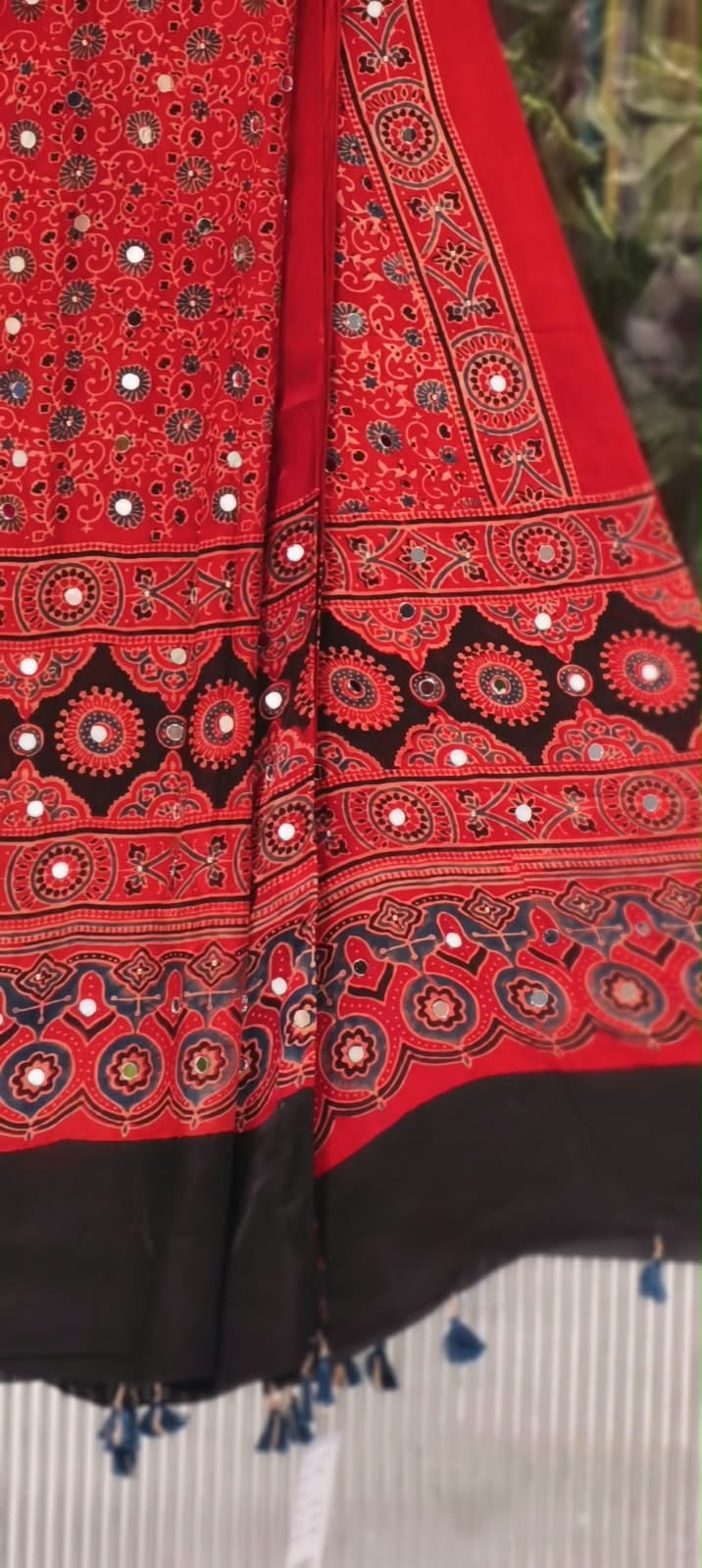 Rich Real Work Ajrakh Print Garba Inspired Thread Tasseled Dupatta- 16398
