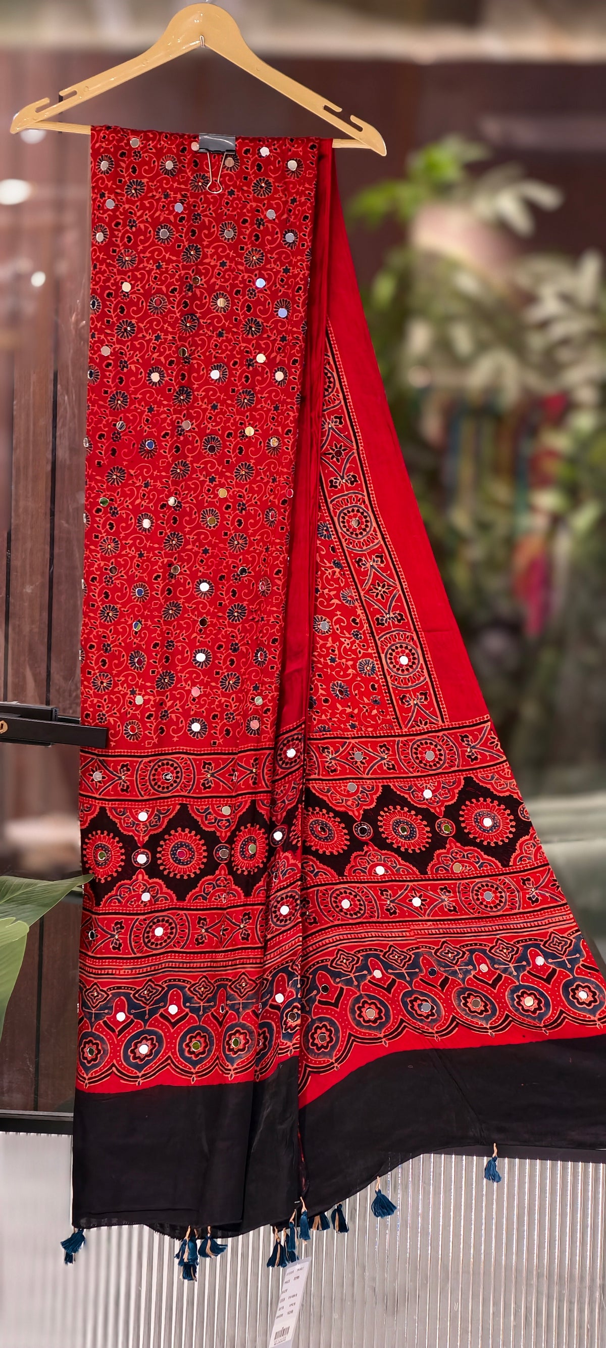 Rich Real Work Ajrakh Print Garba Inspired Thread Tasseled Dupatta- 16398