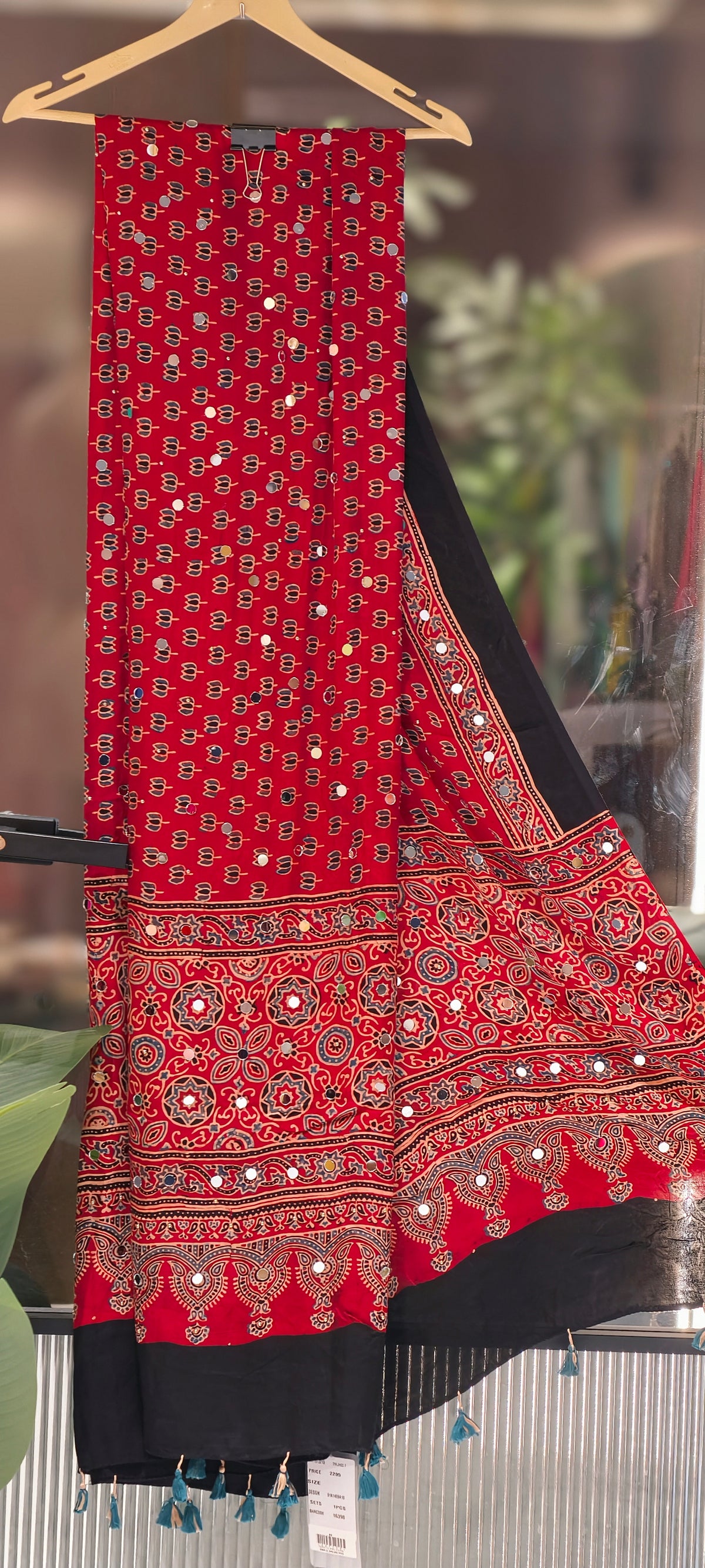 Ajrakh Block Printed Dupatta Only With Mirror Work & Tassels- 16398