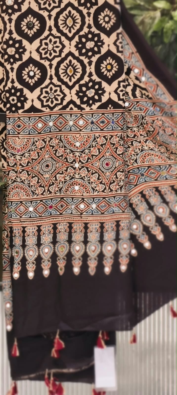 Ajrakh Block Printed Dupatta Only With Mirror Work & Tassels- 16398