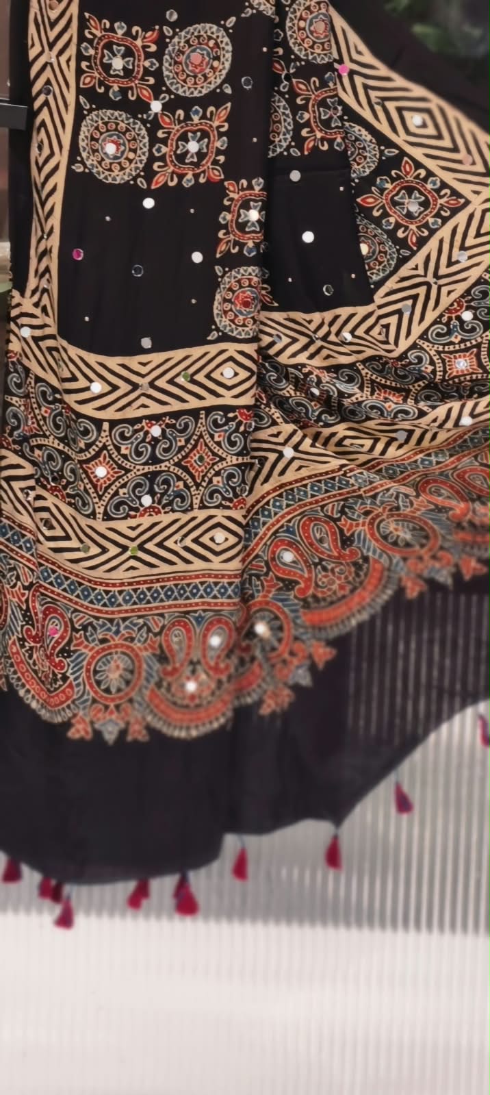 Rich Real Work Ajrakh Print Garba Inspired Thread Tasseled Dupatta- 16398