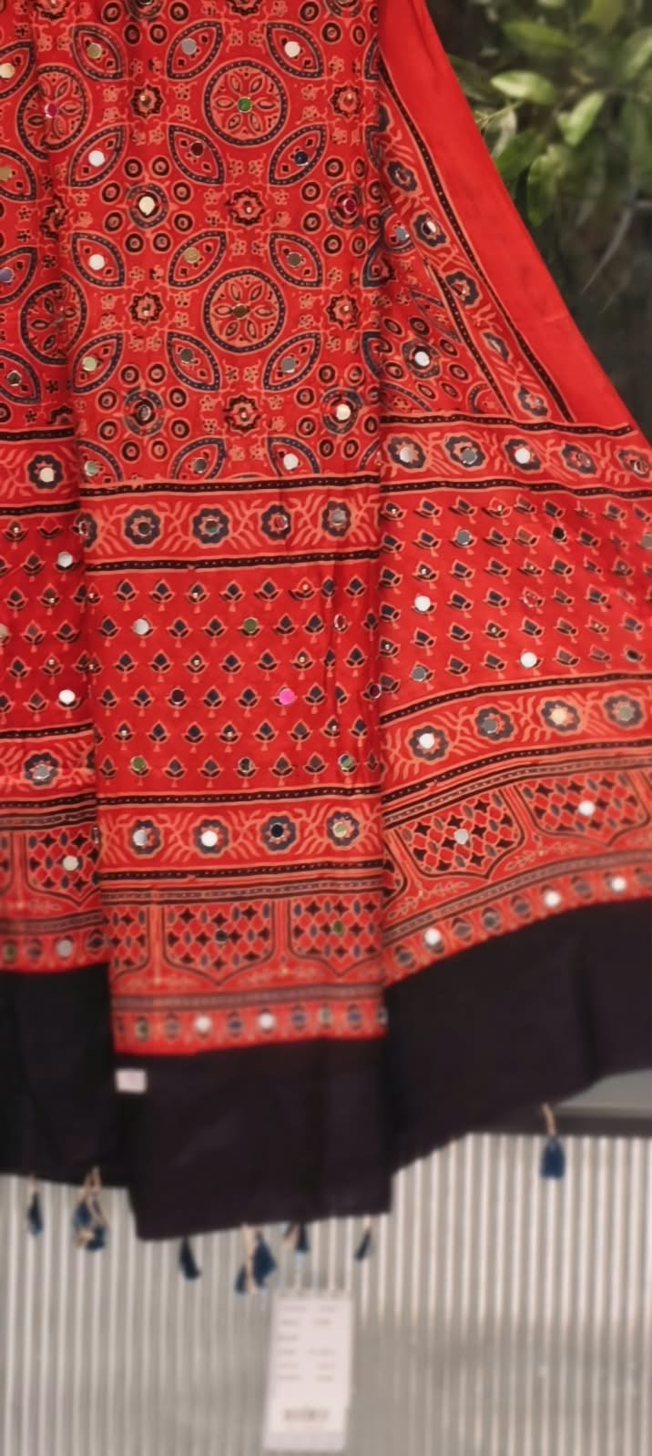 Real Mirror Work With Tassels Block Printed Garba Inspired Dupatta- 16398