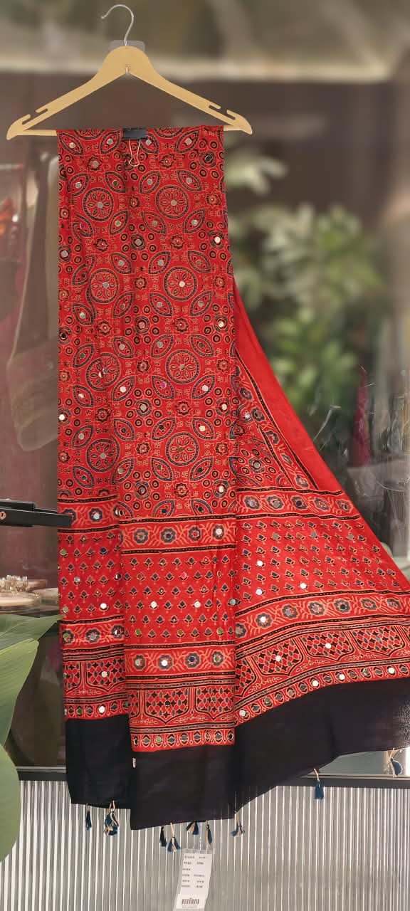 Real Mirror Work With Tassels Block Printed Garba Inspired Dupatta- 16398