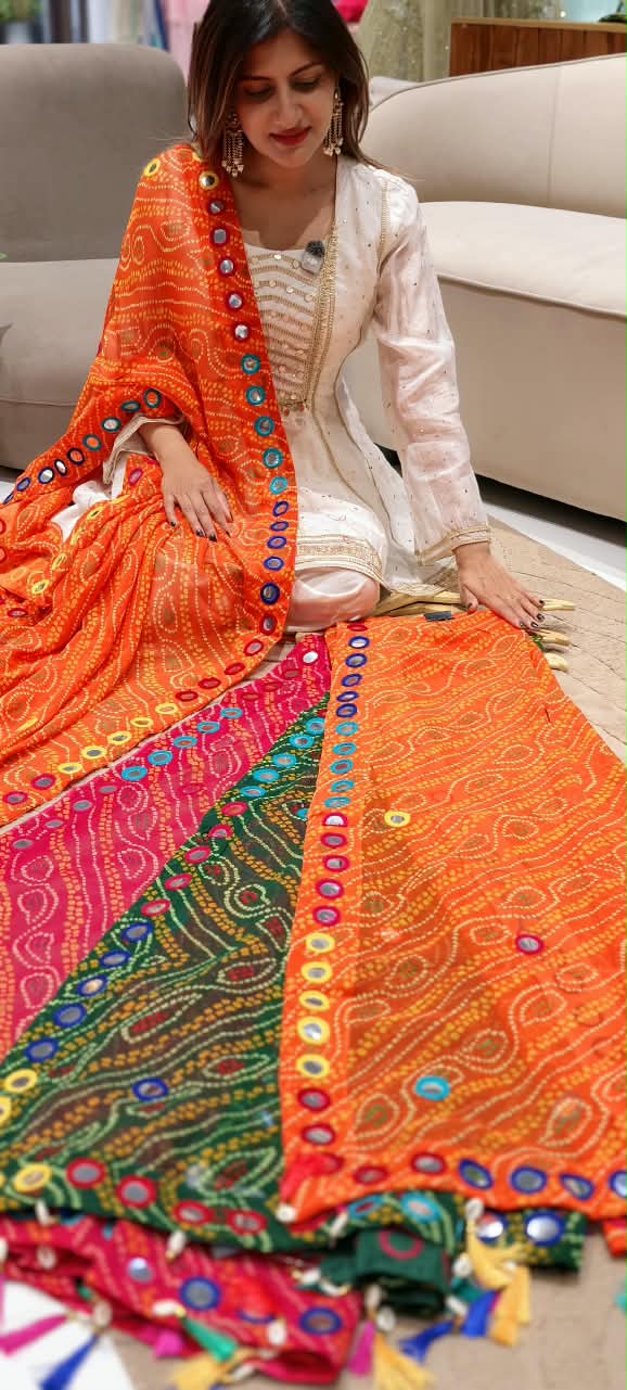Bright Bandhani Printed Dupatta with Mirror Work & Colorful Tassels- 16396