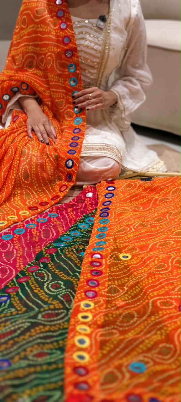 Bright Bandhani Printed Dupatta with Mirror Work & Colorful Tassels- 16396
