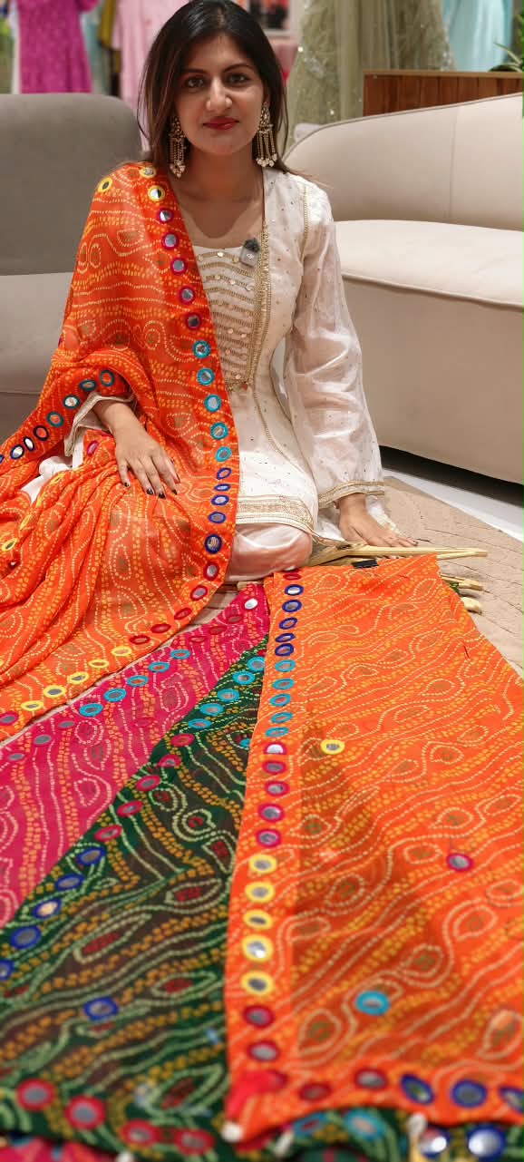 Bright Bandhani Printed Dupatta with Mirror Work & Colorful Tassels- 16396