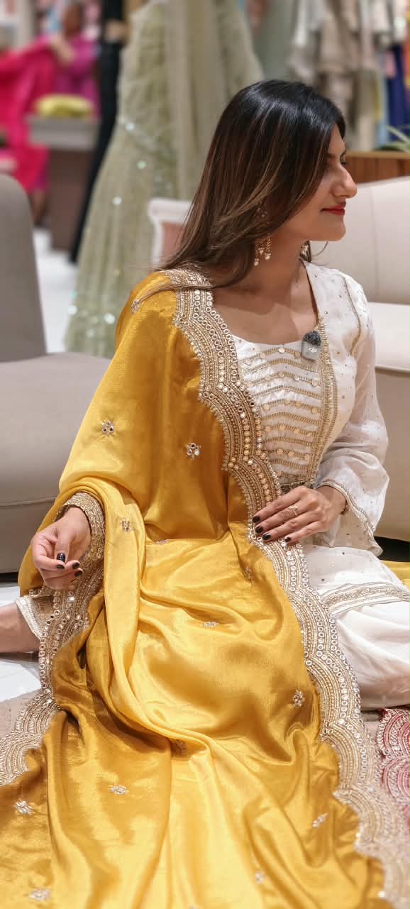 Mustard Elegance Glazy Dupatta with Cutwork & Hand Embroidery- 16395